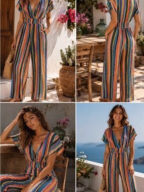 Anthropologie Rainbow Stripe Wide Leg Jumpsuit